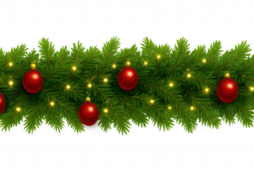 Christmas garland border with fir branches, red baubles, and glowing yellow lights, transparent repeating design