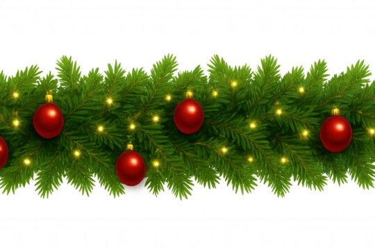 Christmas garland border with fir branches, red baubles, and glowing yellow lights, transparent repeating design