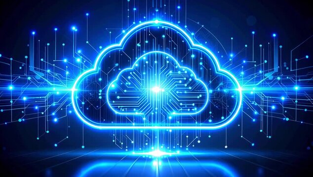 a bright cloud icon with glowing blue lines against a dark backdrop, symbolizing digital connectivity and technological advancement.