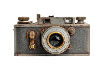 Aged, antique camera.  Front view of a vintage camera, showing signs of rust and wear.  Gray metallic body with brass accents.  Clear lens visible