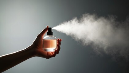 Hand holds perfume bottle releasing fragrance mist. The scent sprays outward creating an aroma. Beauty product presentation on a gray backdrop. Woman uses perfume.