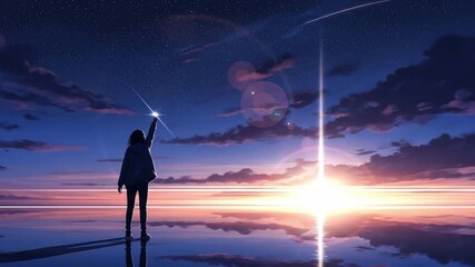 A lone figure reaches for falling stars on a still reflective surface beneath a twilight sky painting dreamy hues of orange and blue serenity