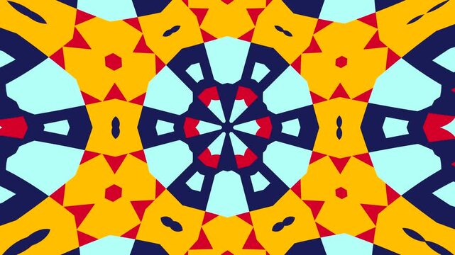 Dynamic hexagonal pattern animation with a kaleidoscope effect, where simple shapes create a complex, flowing mandala for music festival visuals or promotional content