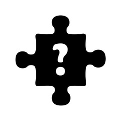 A black puzzle piece with a white question mark on it conveys mystery