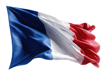 A dynamic French flag billowing in the wind.  The flag's blue, white, and red stripes are clearly visible, rippled and flowing with a sense of motion