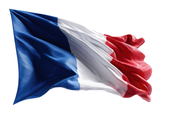 A dynamic French flag billowing in the wind. The flag's blue, white, and red stripes are clearly visible, rippled and flowing with a sense of motion - Powered by Adobe