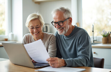 Happy senior couple manages finances online with laptop. Elderly wife and husband review documents and bills together at home. Mature pair uses computer for banking and budgeting with smiles.