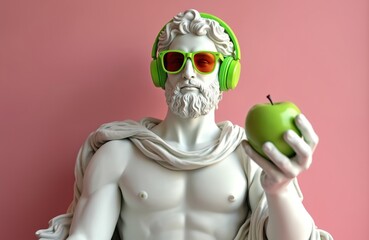 Marble statue of Greek god wears headphones sunglasses holding green. Modern art style illustration with pink backdrop. Classic figure with contemporary accessories relaxes with fruit.