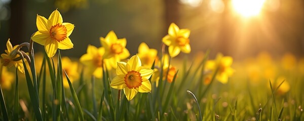 Fototapeta premium Yellow daffodils bloom in green grass field. Flowers grow in garden meadow. Daffodil plants with vibrant yellow petals and orange centers bask in warm sunlight.