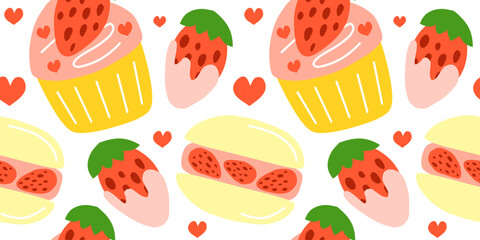 Seamless pattern with hand drawn flat glazed strawberries, cupcakes and macaroons. Cute background with summer desserts.