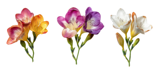 Four colorful freesia blossoms, isolated on black