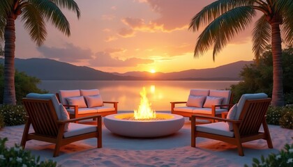 Tropical landscape scene shows a sunset with lake view, mountains, palm trees. Seating area with sofas and chairs, with cushions. Fire pit in luxury resort provides relaxing atmosphere at dusk.