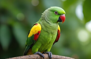 Naklejka premium Vibrant photo of a regent parrot. Green bird with yellow and red wing markings sits on branch. Wildlife photo of a colorful parrot. Exotic animal at natural environment