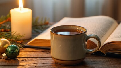 Warm tea mug resting on a wooden table, illuminated by a flickering candle, with an open book and christmas ornaments creating a cozy, hygge, holiday atmosphere