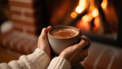 Hands holding a cozy mug of hot chocolate with cinnamon, experiencing warmth and comfort by a flickering fireplace on a cold winter evening, creating a hygge and relaxed atmosphere at home