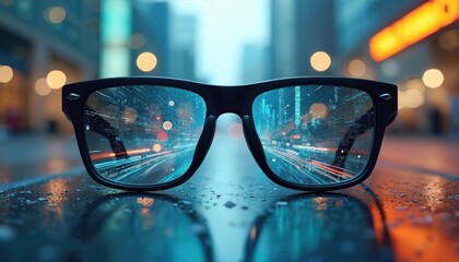 Modern AR glasses show digital urban info, data streams, city traffic. AI tech overlays city details on lenses. Future vision device interacts with smart environment. Innovation concept, new