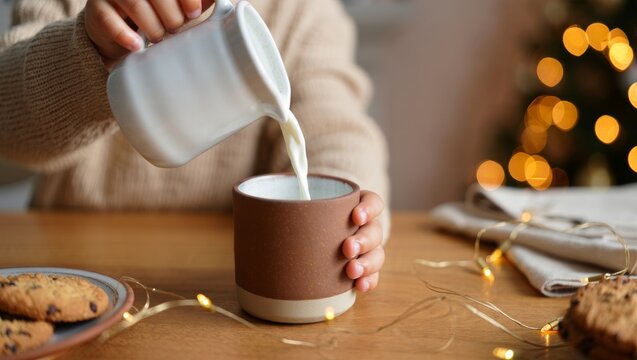 Child hands pouring milk from a pitcher into a rustic mug beside chocolate chip cookies on a wooden table with warm string lights for a cozy holiday treat - Powered by Adobe