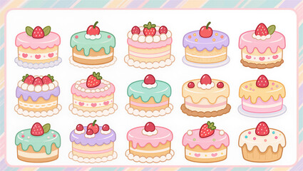 パステルカラーのかわいいケーキが並んだスイーツセット、いちごやクリームなどをトッピングした洋菓子を手描き風に描いたベクターイラスト素材｜Pastel-colored cute cake set