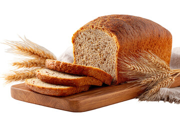 Sliced loaf of whole wheat bread on a wooden board, with wheat stalks
