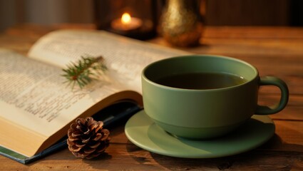 Fototapeta premium Enjoying a warm cup of herbal tea next to an open book, with a pine cone and spruce sprig, creating a cozy atmosphere for winter reading and relaxation at home
