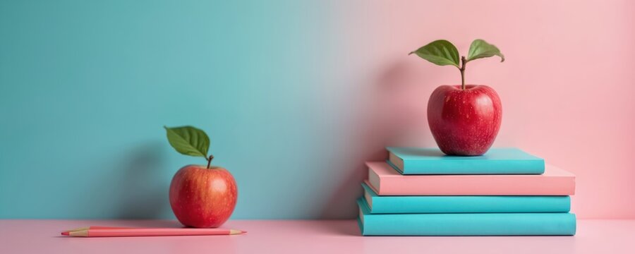 Minimalist educational photo. Red apple with leaves and pencil near apple on the left. Stack of school books on the right. Pastel colors background concept of knowledge and learning.