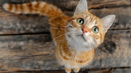 Curious Ginger Cat Gazes Upward with Bright Green Eyes against a Rustic Wooden Background, Exuding Playfulness and Charm in Its Whiskers and Fur