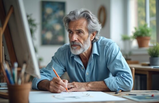 Mature male artist concentrates on drawing with pencil. Senior man with grey hair draws in studio. Elderly person does art, creative hobby at table. Artist works on picture.