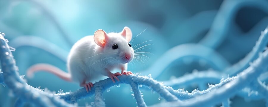 White laboratory mouse stands on neural tract structure. Lab rat on DNA strand in blue background. Research and genetic study concept. Medical and scientific experiment with animal.