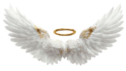 Pair of white feathered angel wings, slightly golden-tinged, with a golden halo