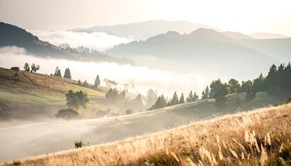 A serene landscape featuring rolling hills, bathed in the soft glow of sunrise. Wisps of fog hug the valleys, creating depth