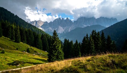 A scenic view of a mountainous landscape. Rolling green hills transition into a valley with forest & majestic peaks under a cloudy sky