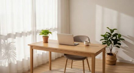 Office scene with open windows and gentle breeze moving curtains, fresh workspace