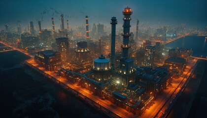 Naklejka premium Aerial view industrial complex operates at night. Many factory buildings, tall smokestacks, massive storage tanks glow with bright orange lights. Smoke rises from chimneys over city skyline near