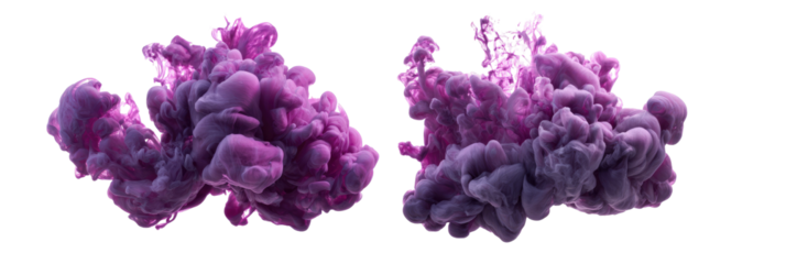 Two swirling masses of vibrant purple ink against a black background