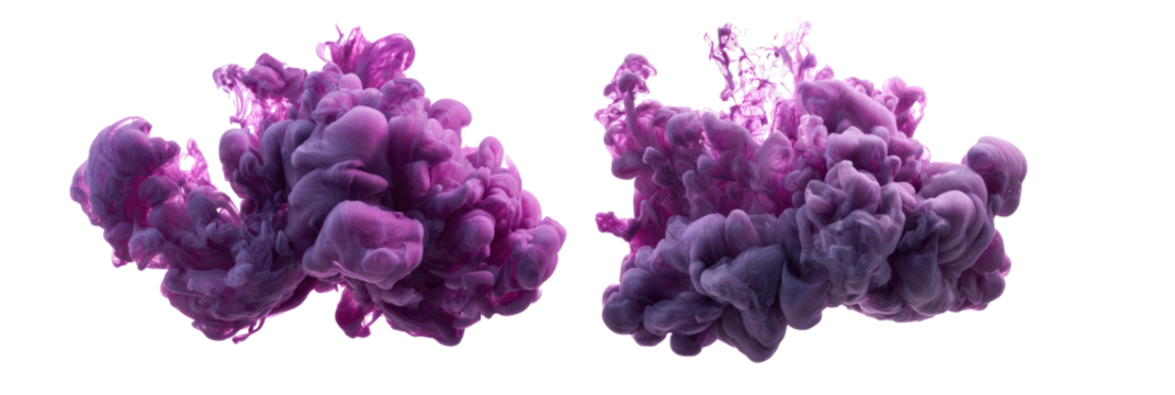 Two swirling masses of vibrant purple ink against a black background