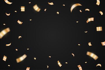 Gold confetti isolated on a black background. Falling golden ribbon for carnival, New Year, birthday and festival design. Confetti explosion on white backdrop. Vector illustration
