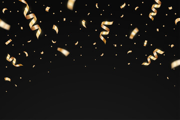 Gold confetti explosion celebration party isolated on a black background. Falling golden ribbon for carnival, New Year, birthday and festival design. Confetti on white backdrop. Vector illustration