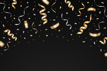 Gold and silver confetti celebration party isolated on a black background. Falling golden ribbon for carnival, New Year, birthday and festival design. Confetti explosion on white backdrop. Vector illu