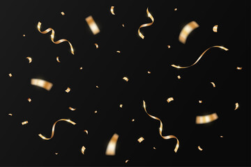 Gold confetti isolated on a black background. Falling golden ribbon for carnival, New Year, birthday and festival design. Confetti explosion on white backdrop. Vector illustration