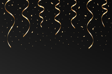 Gold confetti isolated on a black background. Falling golden ribbon for carnival, New Year, birthday and festival design. Shiny confetti on white backdrop. Vector illustration