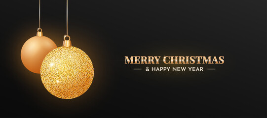 Christmas and Happy New Year background with gold glitter balls. Luxury realistic design Christmas golden balls ornaments hanging on ribbon on a black background. Vector illustration