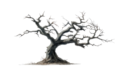 Windswept, ancient tree against black.  Grey, detailed branches, gnarled trunk, wintery scene