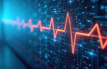 Digital display shows pulsing heartbeat line. Abstract blue glowing network tech. Health monitoring app interface diagnostic tool shows medical innovation, cardiology data analysis for healthcare.