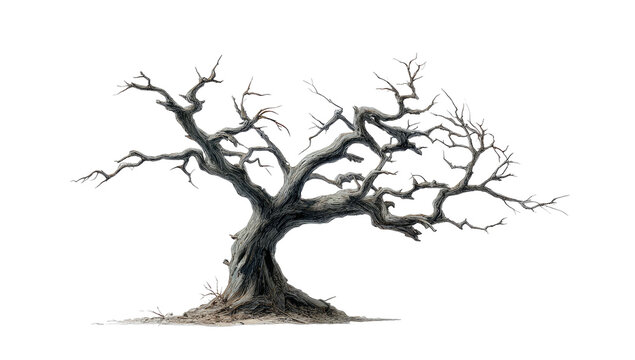 Windswept, ancient tree against black.  Grey, detailed branches, gnarled trunk, wintery scene