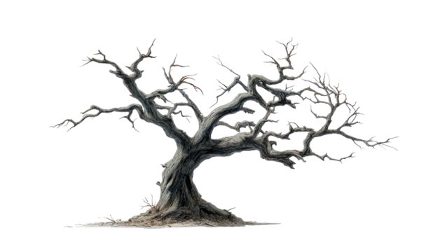 Windswept, ancient tree against black.  Grey, detailed branches, gnarled trunk, wintery scene