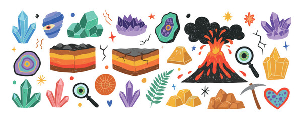 Volcanoes, Crystals and Geology Illustration Set — Hand-Drawn Earth Science Collection