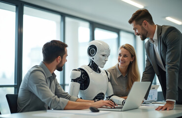 Business team collaborates with humanoid robot in office setting. People and android work together on laptop. Future office collaboration with AI.