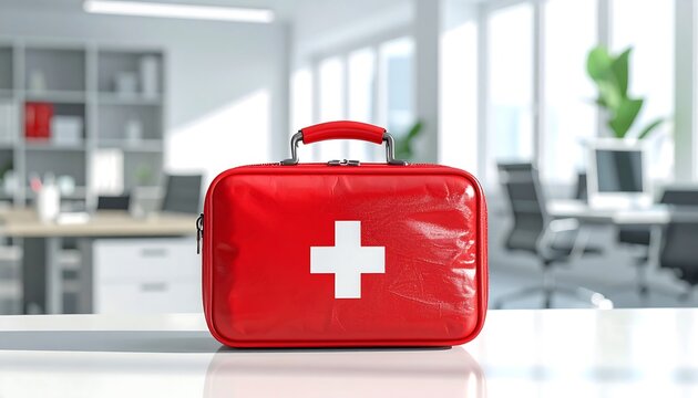 A shiny red first aid kit with a prominent white cross sits on a white surface. Behind it is a blurred office with desks and a plant