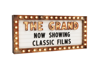 Vintage Theater Marquee Displaying 'The Grand' and Classic Films, Nostalgic Glow on White Background