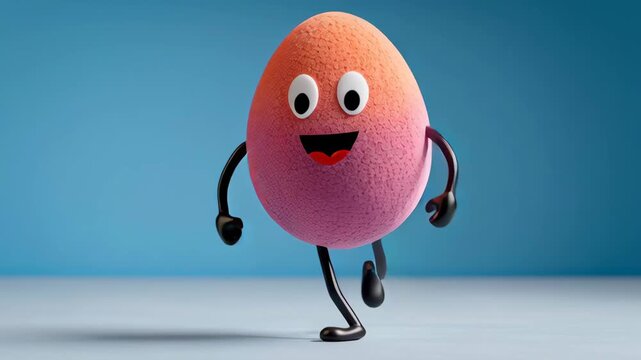 Colorful animated character with a joyful expression is playfully running across a smooth surface, showcasing dynamic movement and vibrant colors, camera follows the character in a lively sequence
